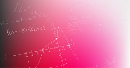 Image of hand written mathematical formulae over pink background. science, mathematics and learning...
