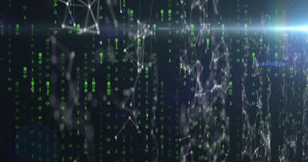 Image of binary coding and data processing over network of connections. global cloud computing, data...