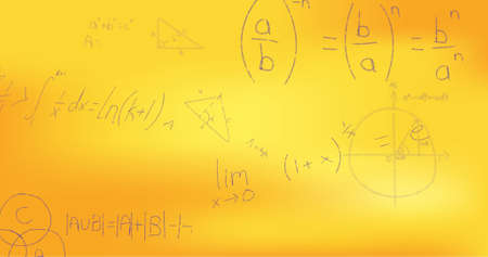 Image of hand written mathematical formulae over yellow background. science, mathematics and...