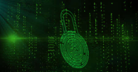 Image of online biometric fingerprint security padlock, binary coding and data processing. global online security, computing and data processing concept digitally generated image.の写真素材