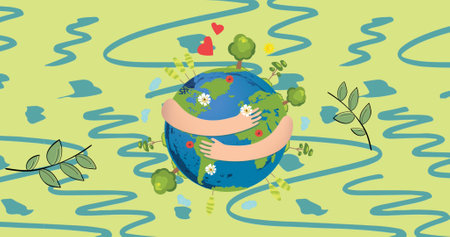 Image of save energy text over globe with trees and leaves on blue and green background. earth, environment and sustainability concept digitally generated image.の写真素材