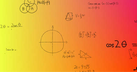 Image of hand written mathematical formulae over yellow to red background. science, mathematics and...