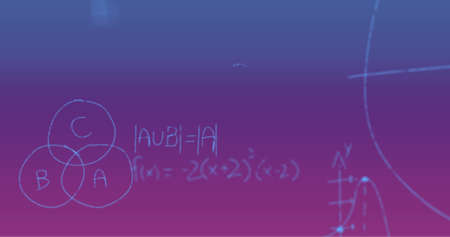 Image of handwritten mathematical formulae over purple background. science, mathematics and learning...