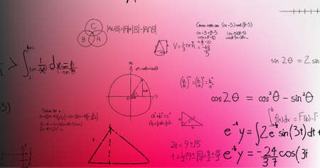 Image of hand written mathematical formulae over pink background. science, mathematics and learning concept digitally generated image.の写真素材