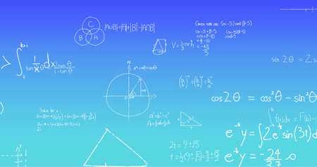 Image of handwritten mathematical formulae over blue background. science, mathematics and learning...