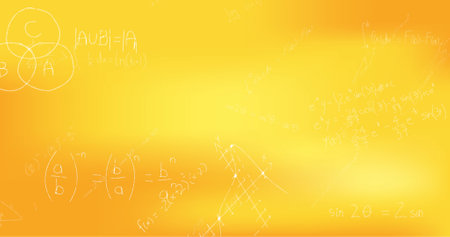 Image of hand written mathematical formulae over yellow background. science, mathematics and...