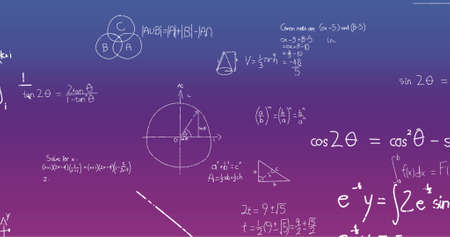 Image of handwritten mathematical formulae over blue to purple background. science, mathematics and...