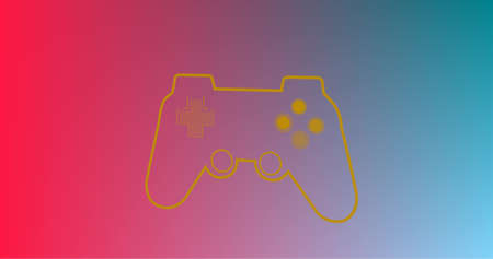 Image of glowing gaming console over blue to pink background. image game concept digitally generated image.の写真素材