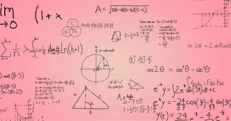 Image of hand written mathematical formulae over pink background. science, mathematics and learning concept digitally generated image.の写真素材