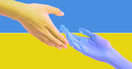 Composite image of women reaching for handshake over flag of ukraine, copy space. illustration, patriotism, russia ukraine conflict, invasion, peace and pacifism concept.の写真素材