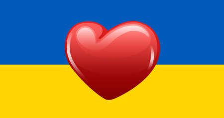 Illustration of 3d heart on flag of ukraine, copy space. illustration, patriotism, russia ukraine conflict, invasion and pacifism concept.の写真素材