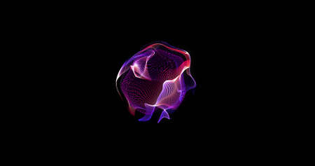 Image of blue and pink shape rotating on black background. colour, movement and digital interface...