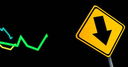 Image of financial data processing and road sign over black background. global finance, business and...
