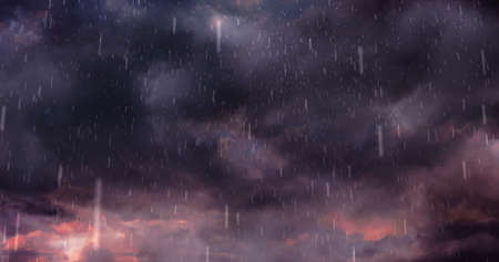 Image of heavy rain falling over lightning and stormy clouds background. weather, nature, storm and...