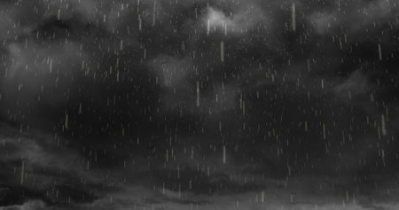 Image of heavy rain falling over lightning and stormy grey clouds background. weather, nature, storm...
