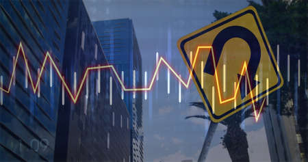 Image of financial data processing over road sign and cityscape. global finance, business and digital interface concept digitally generated image.の写真素材