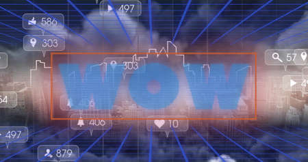 Image of wow text and numbers growing over cityscape. global social media, connections and digital...