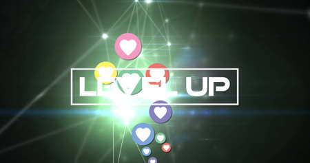 Image of level up text over social media icons and network of connections on black background....
