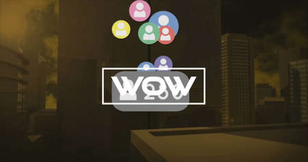 Image of wow text and numbers growing with icons over cityscape. global social media and digital interface concept digitally generated image.の写真素材