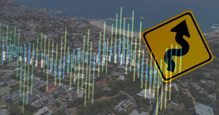 Image of financial data processing over road sign and cityscape. global finance, business and digital interface concept digitally generated image.の写真素材