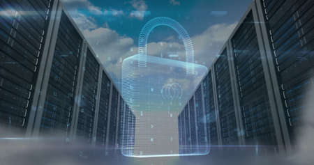Image of cyber attack warning and padlock over server room. global internet security, connections and data processing concept digitally generated image.の写真素材