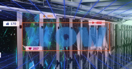 Image of wow text and numbers growing over server room. global social media, connections and digital...