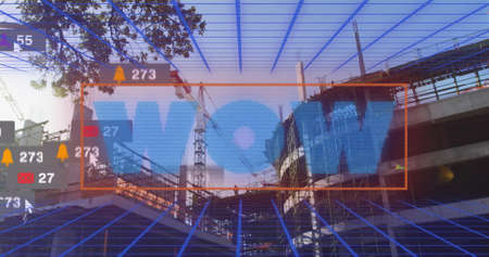 Image of wow text and numbers growing over cityscape. global social media, connections and digital...