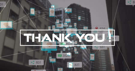 Image of thank you text, network of connections and numbers growing over cityscape. global social media, connections and digital interface concept digitally generated image.の写真素材