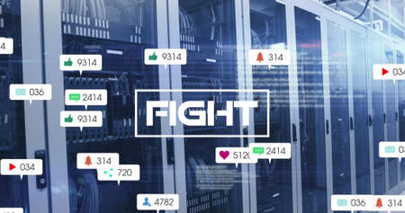 Image of fight text and numbers growing over server room. global social media, connections and...