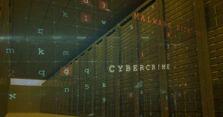 Image of cyber attack warning over server room. global internet security, connections and data processing concept digitally generated image.の写真素材