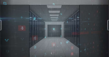 Image of cyber attack warning over server room. global internet security, connections and data...
