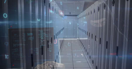 Image of cyber attack warning over hacker in server room. global internet security, connections and...