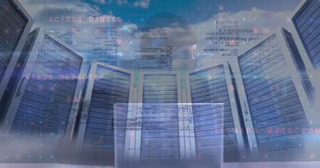 Image of cyber attack warning over hacker in server room. global internet security, connections and...