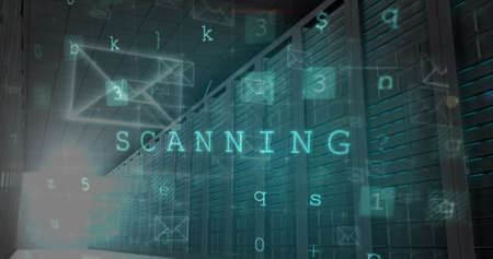 Image of cyber attack warning and envelope icons over server room. global internet security,...
