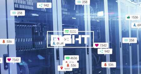 Image of fight text and numbers growing over server room. global social media, connections and...