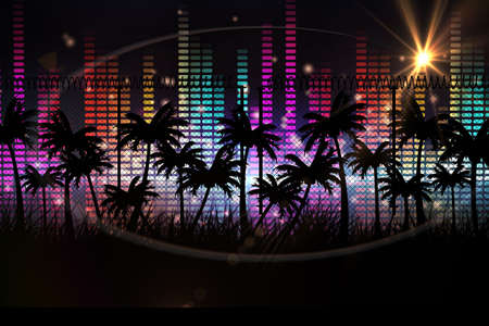 Silhouette of palm trees, music equalizer and spot of light against black background. tropical music...