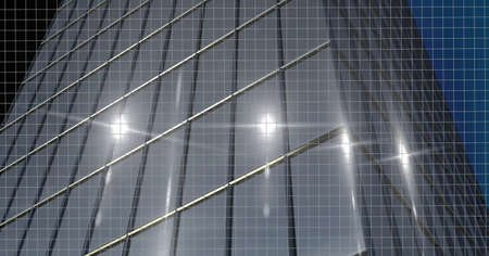 Spots of lights over tall building model against blue background. modern architecture and engineering conceptの写真素材