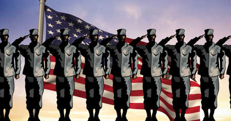 Digitally generated image of military soldiers saluting side by side against america flag. digital...