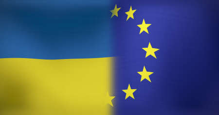 Image of moving and floating flags of ukraine and eu. ukraine conflict, patriotism and celebration...