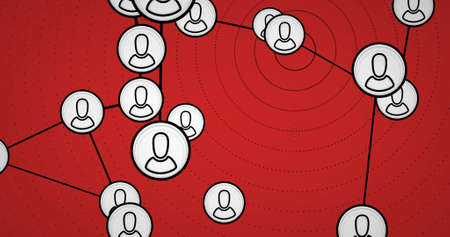 Image of network of connections with people icons on red background. global online connections, digital interface and networks concept digitally generated image.の写真素材