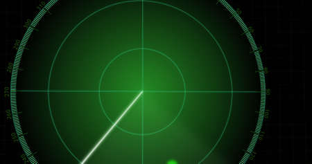 Image of radar with spots moving on black background. radar and digital interface concept digitally generated image.の写真素材