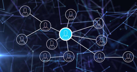 Image of network of connections with people icons over glowing links. global networking, computing, data processing and digital interface concept digitally generated image.の写真素材