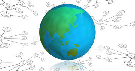 Image of network of connections with people icons over globe. global networking, computing, data processing and digital interface concept digitally generated image.の写真素材