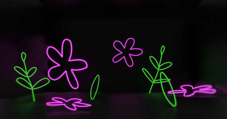 Image of purple neon light flowers and green leaves flickering on black background. light, colour...