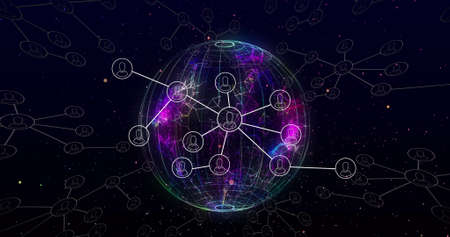 Image of network of connections with people icons over globe. global networking, computing, data...