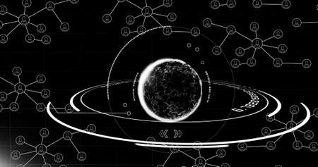 Image of network of connections with people icons over globe. global networking, computing, data...