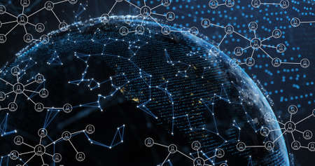 Image of network of connections with people icons over globe. global networking, computing, data...