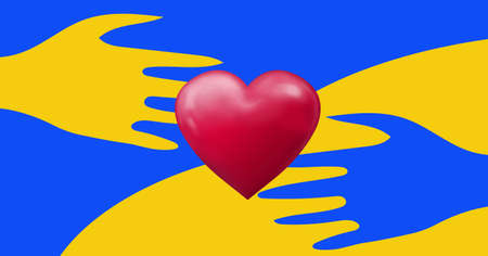 Digital composite of blue and yellow hands reaching for red heart shape against colored background. peace and unity concept.の写真素材