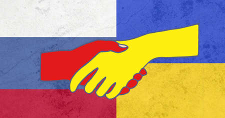 Digital composite image of yellow and red hands greeting over russian and ukrainian flags. creative, patriotism, unity, love and peace concept.の写真素材