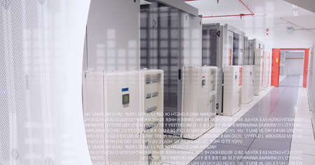 Composition of white copy space, with text data processing over computer server room background....